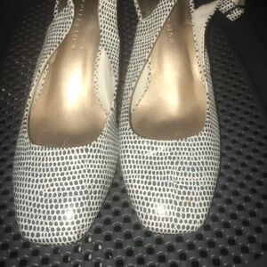 Noonday Collection White and Gray Patterned Slingback Heels